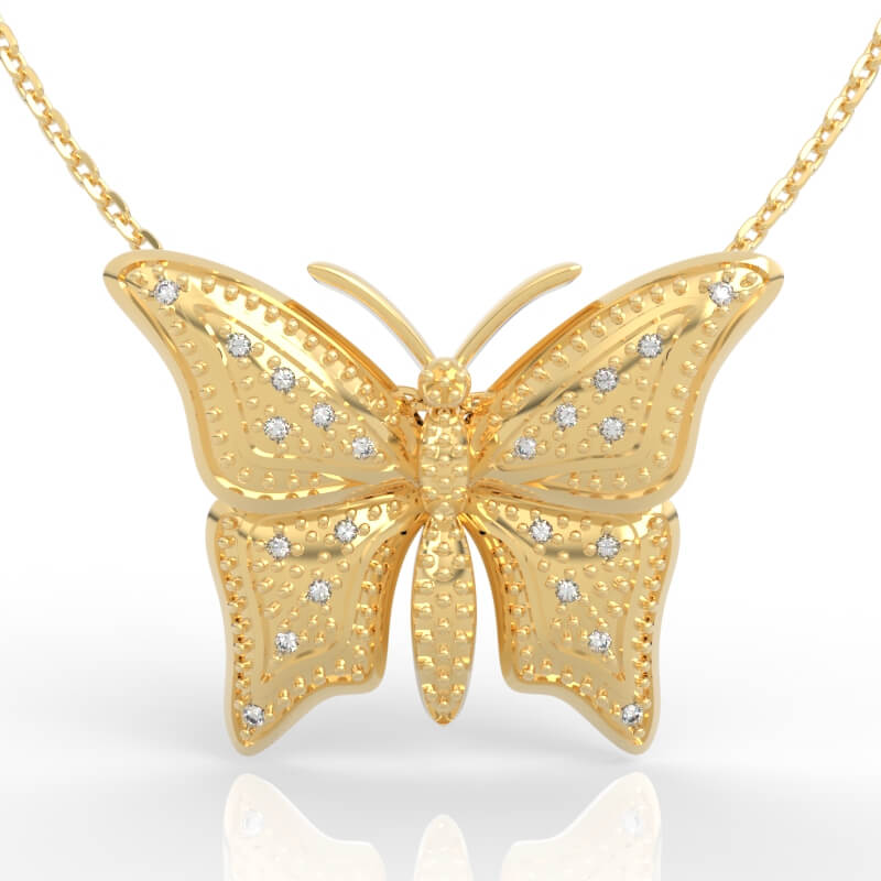 Pavé diamond butterfly pendant with curved wings and milgrain-edged sparkle detail