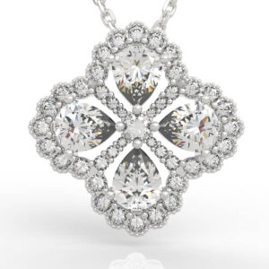 Pear diamond clover halo pendant with scalloped pavé halo and quatrefoil silhouette