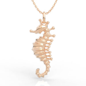 Casting ready seahorse pendant CAD model with ribbed spine and coiled tail silhouette