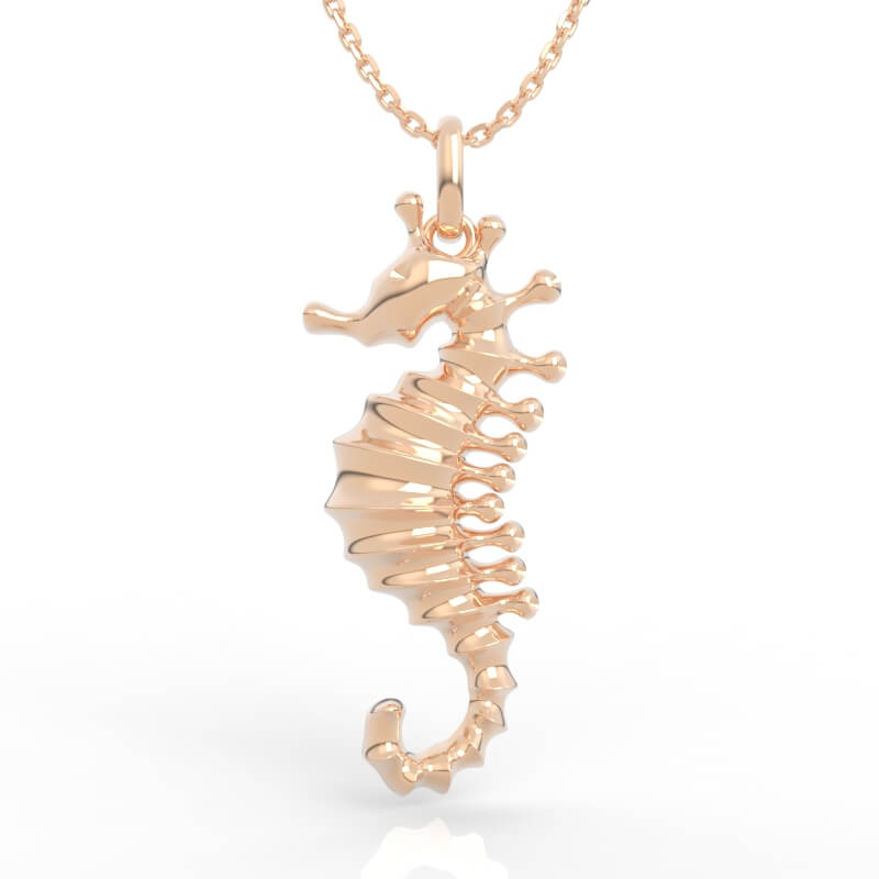 Casting ready seahorse pendant CAD model with ribbed spine and coiled tail silhouette