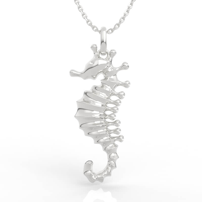 Casting ready seahorse pendant CAD model with ribbed spine and coiled tail silhouette