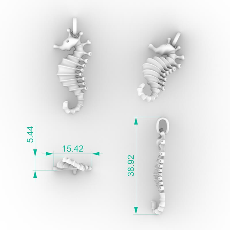 Casting ready seahorse pendant CAD model with ribbed spine and coiled tail silhouette
