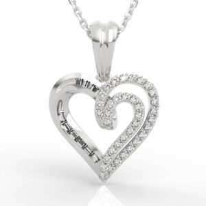 Swirl heart diamond pendant with pavé baguette heart necklace setting and open interlocking loop center