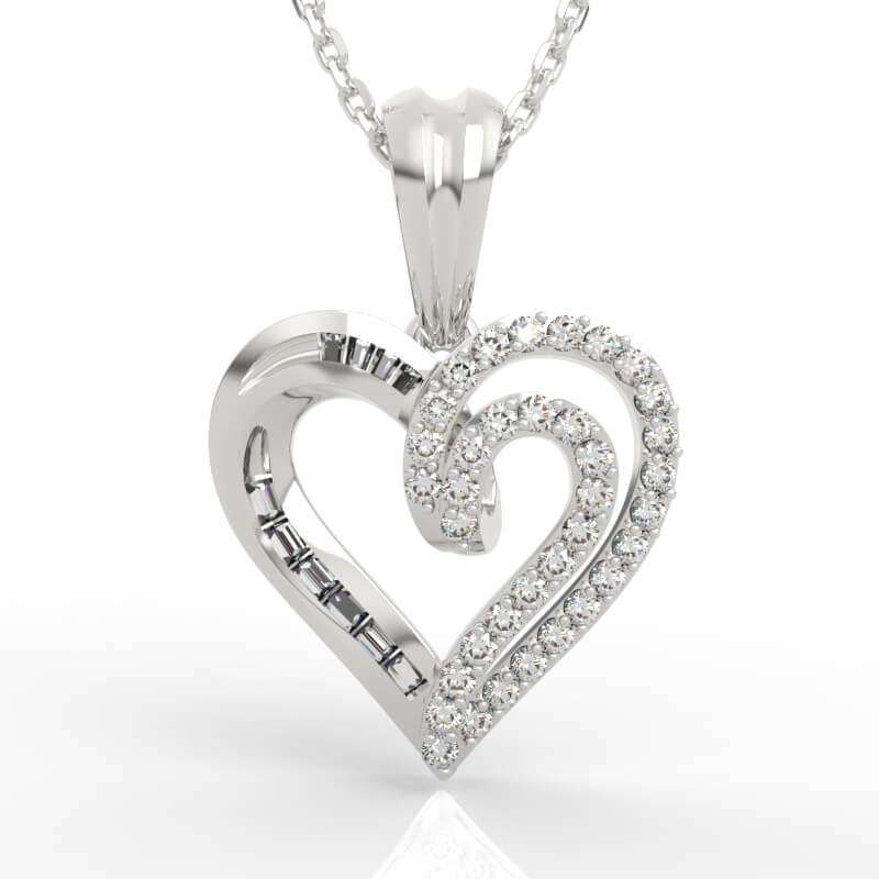 Swirl heart diamond pendant with pavé baguette heart necklace setting and open interlocking loop center