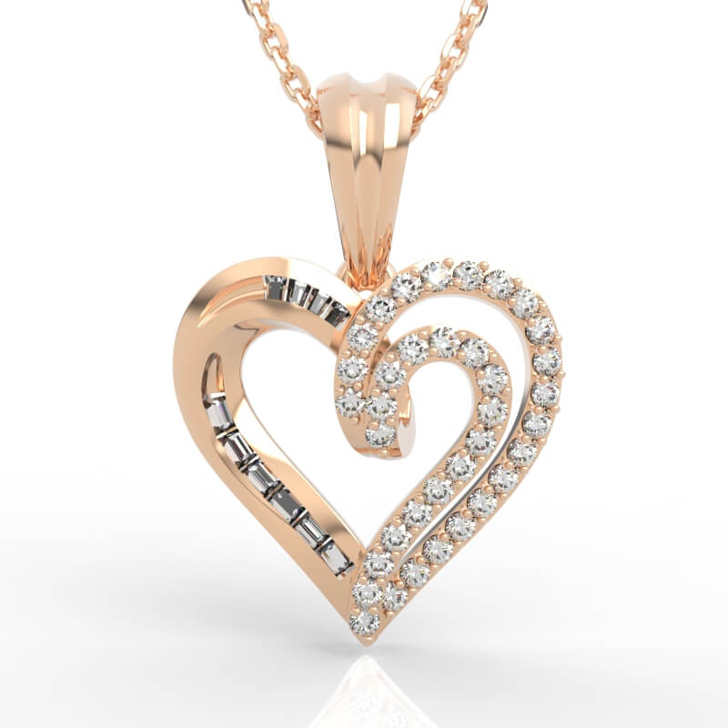 Swirl heart diamond pendant with pavé baguette heart necklace setting and open interlocking loop center