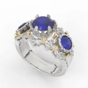 Textured Bark-Prong Three-Stone Ring with organic prong baskets and split shank