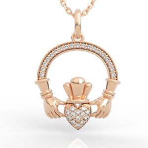 Traditional Claddagh jewelry design pendant with pavé ring and crowned heart center
