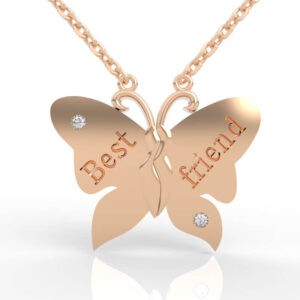 Twisted body butterfly pendant CAD model with engraved wing text and round diamond accents