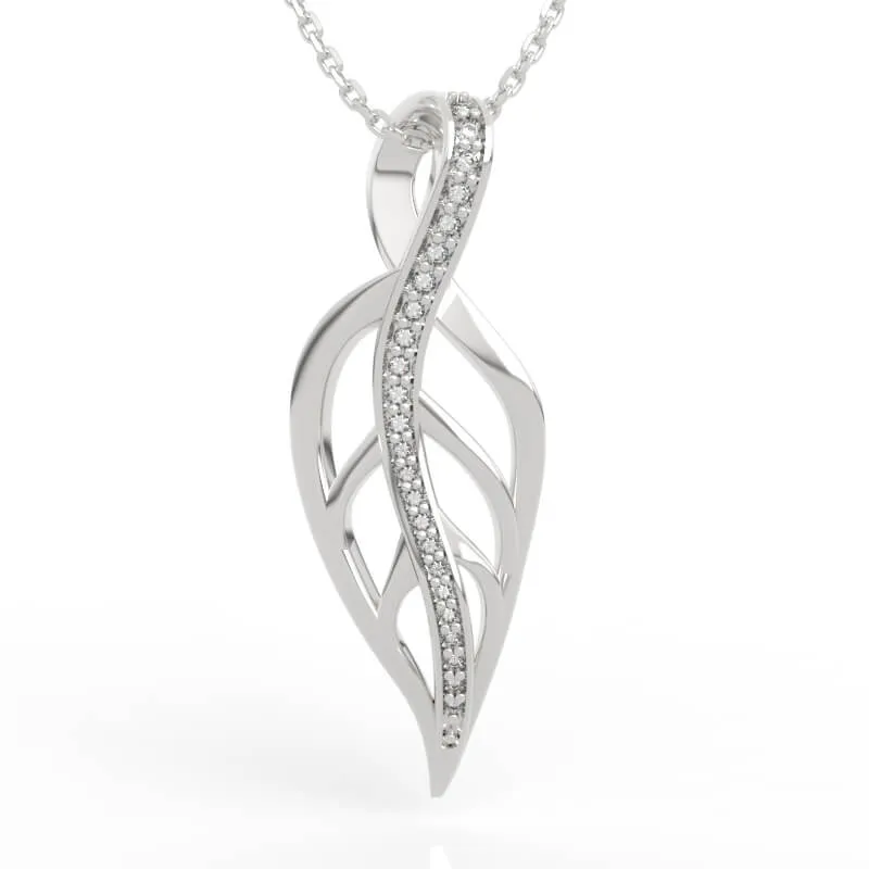Twisted open frame leaf pendant with graduated diamond pavé line and organic vein detail