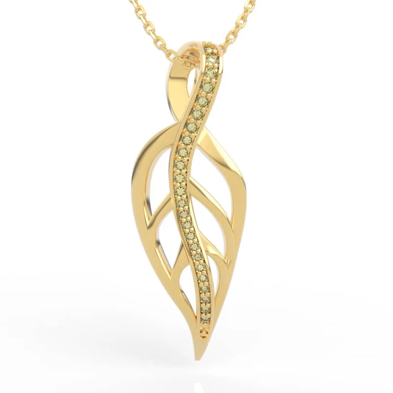 Twisted open frame leaf pendant with graduated diamond pavé line and organic vein detail