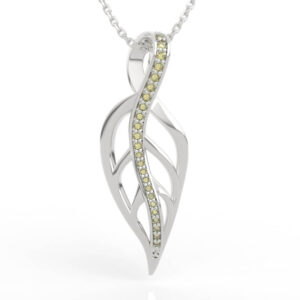 Twisted open frame leaf pendant with graduated diamond pavé line and organic vein detail