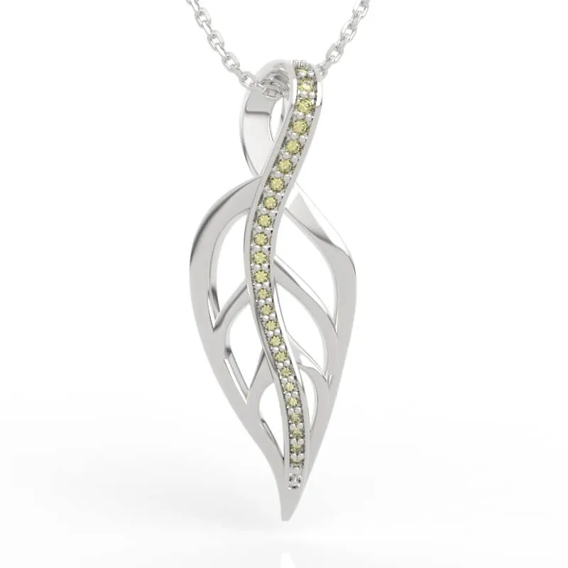 Twisted open frame leaf pendant with graduated diamond pavé line and organic vein detail