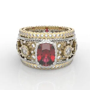 Vintage filigree cushion halo ring CAD model with two-tone engraved band, 3D Model