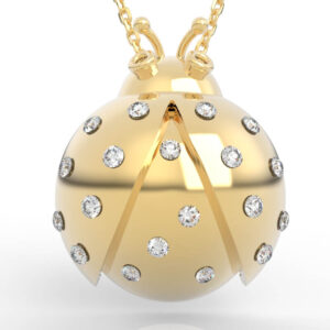 Whimsical open wing ladybug jewelry design with domed silhouette and diamond spot pattern