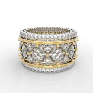 Wide band two-tone diamond eternity ring with full pavé star pattern and vintage milgrain trim