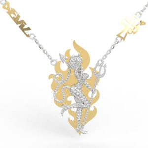 Bold gothic devil jewelry design with pavé devil trident jewelry and flame silhouette backdrop