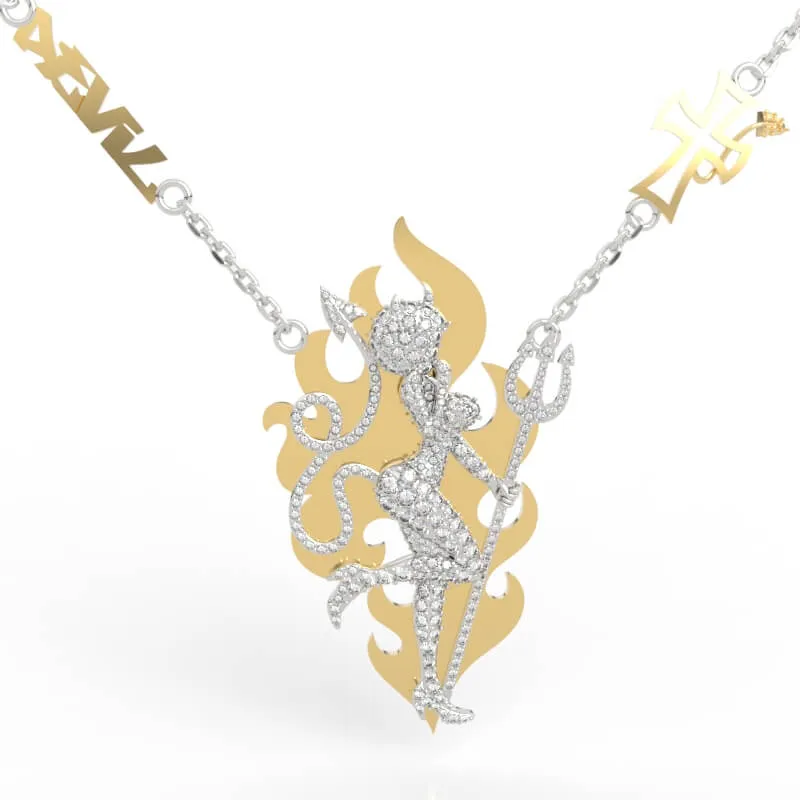 Bold gothic devil jewelry design with pavé devil trident jewelry and flame silhouette backdrop