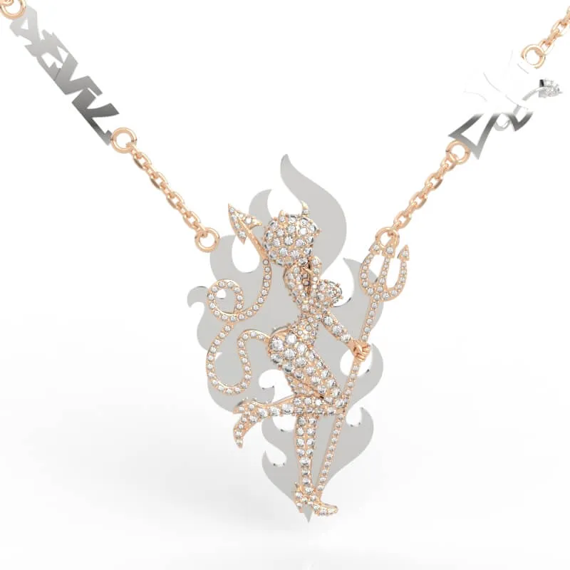 Bold gothic devil jewelry design with pavé devil trident jewelry and flame silhouette backdrop