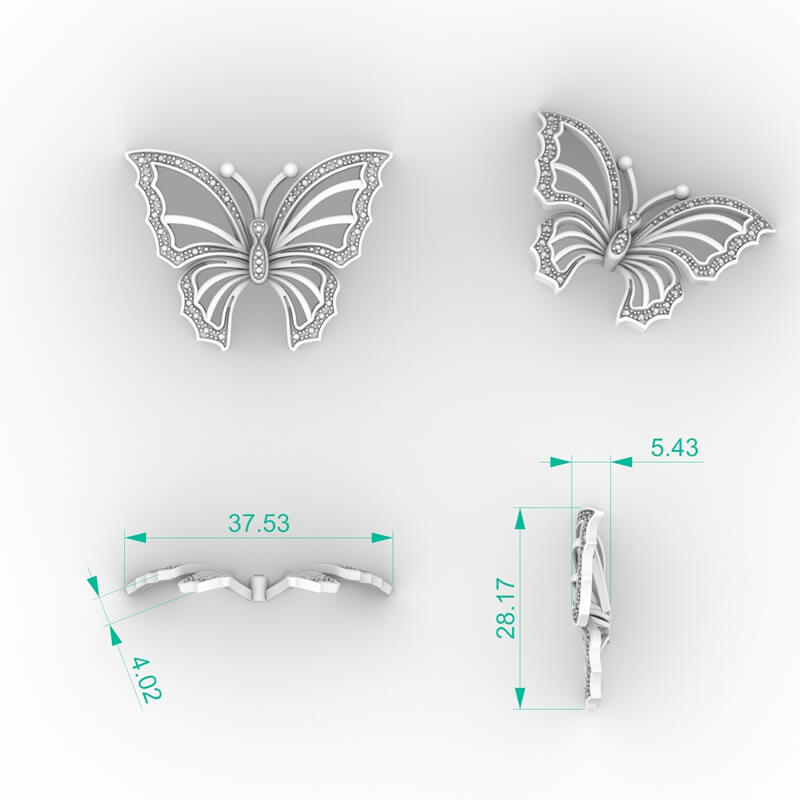Casting ready radiating wing butterfly pendant CAD model with open vein-line wing structure