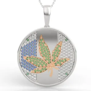 Contemporary leaf coin jewelry design pendant with striped pavé bands and coin-style silhouette