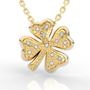 Contemporary puffy clover jewelry design pendant with domed silhouette and diamond beaded texture