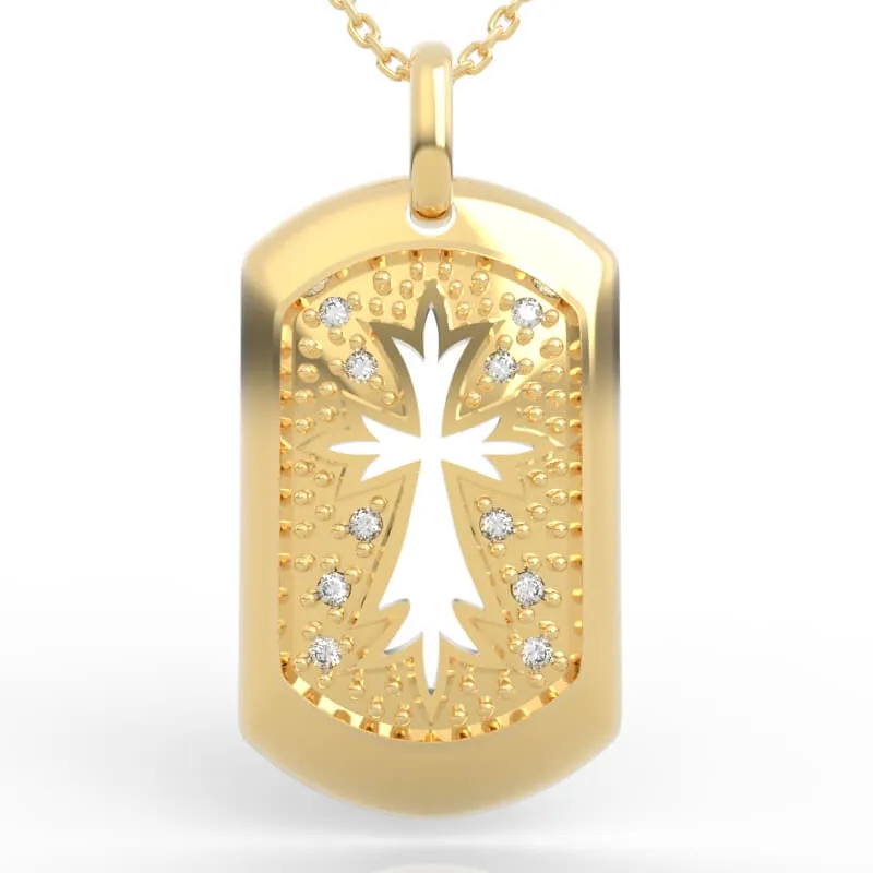Cross cutout dog tag pendant with diamond accents on a beaded textured field