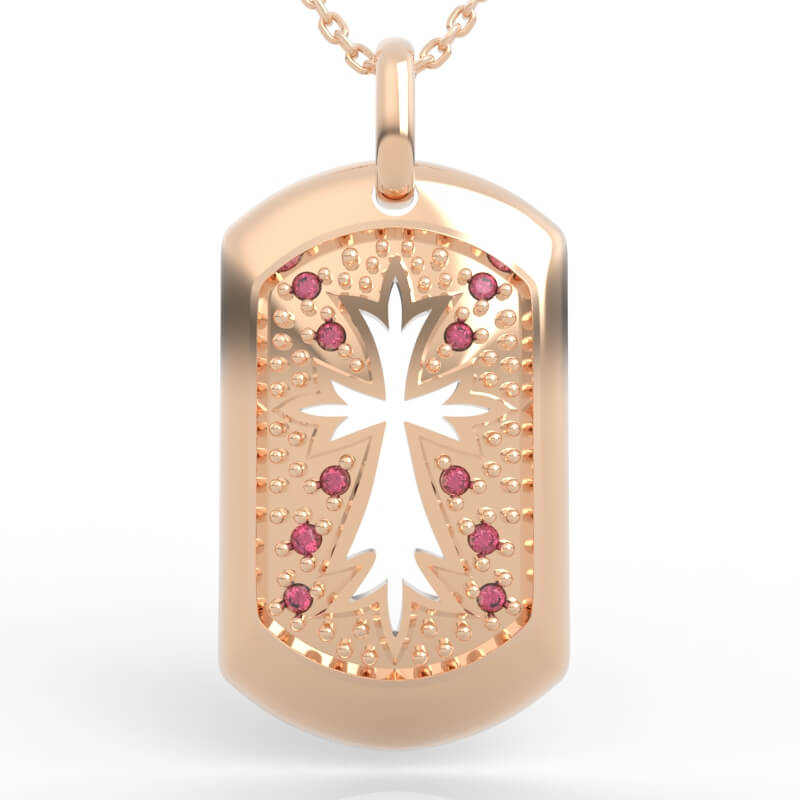 Cross cutout dog tag pendant with diamond accents on a beaded textured field