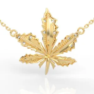Diamond cannabis leaf necklace with pavé edge outline and fluted vein detail