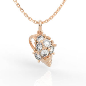 Diamond cluster shell pendant necklace with fluted ribbed shell base