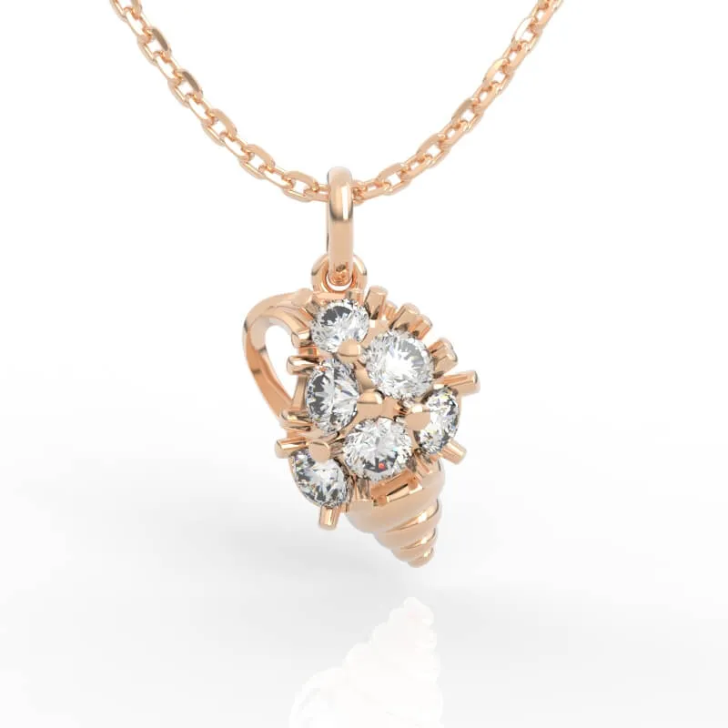 Diamond cluster shell pendant necklace with fluted ribbed shell base