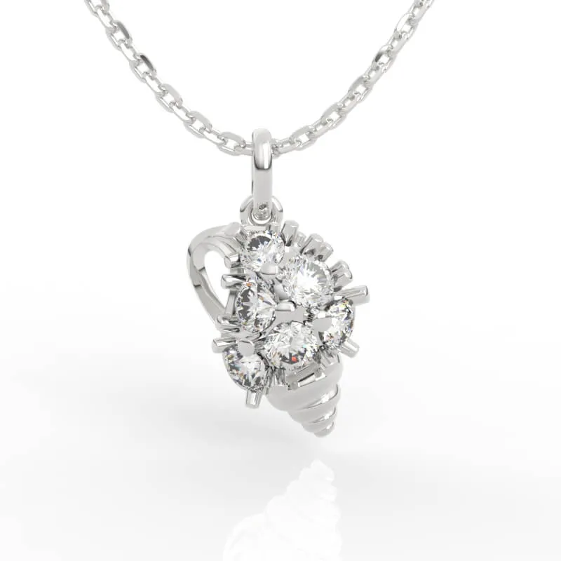 Diamond cluster shell pendant necklace with fluted ribbed shell base