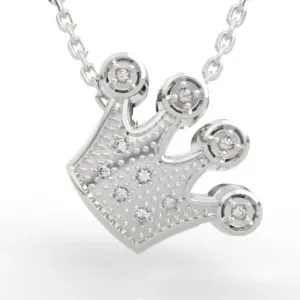Diamond crown charm necklace with bezel-set point tips and diamond-scattered body