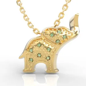 Diamond elephant charm necklace with trunk-as-bail design and scattered diamond accents