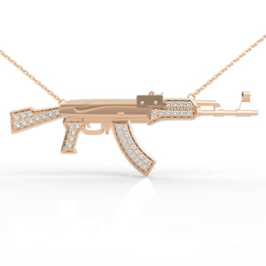 Diamond rifle pendant necklace with pavé-set stock and curved magazine