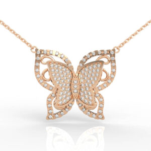 Layered diamond butterfly pendant necklace with pavé inner wing and beaded border