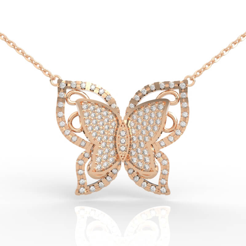 Layered diamond butterfly pendant necklace with pavé inner wing and beaded border