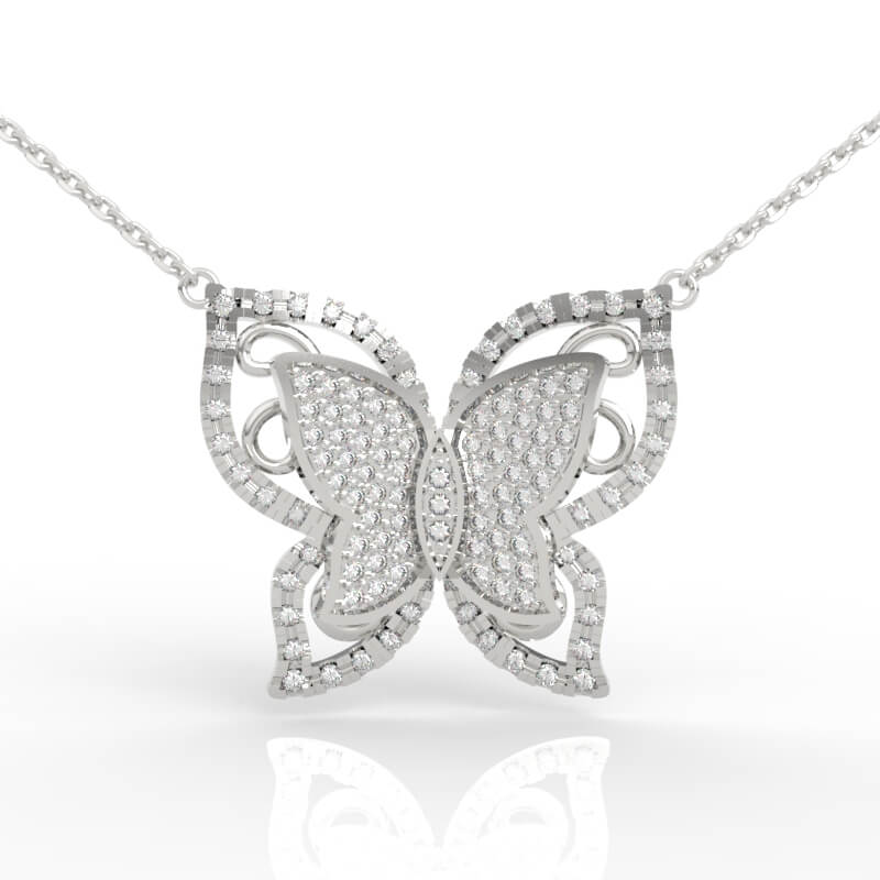 Layered diamond butterfly pendant necklace with pavé inner wing and beaded border