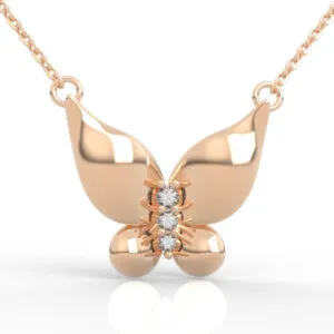 Domed wing butterfly necklace CAD render with polished wings and three-stone body