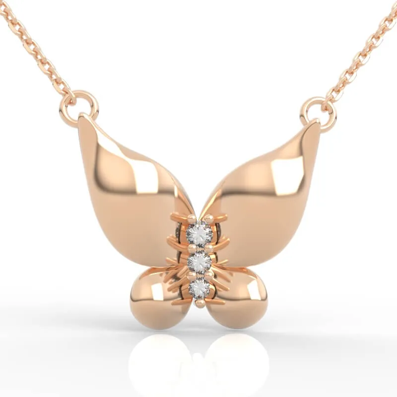 Domed wing butterfly necklace CAD render with polished wings and three-stone body