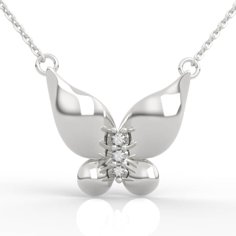 Domed wing butterfly necklace CAD render with polished wings and three-stone body