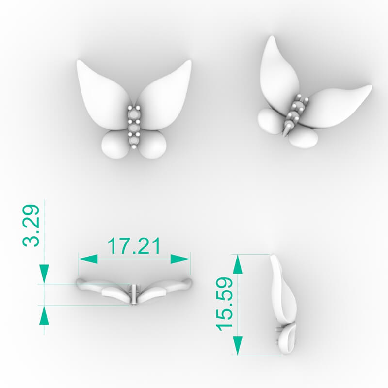 Domed wing butterfly necklace CAD render with polished wings and three-stone body
