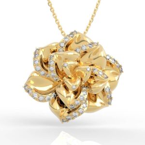 Layered petal rose pendant necklace CAD render with spiral petals and pavé-set edges