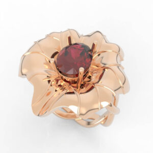 Casting ready ruffled flower ring CAD render with oval center stone and wire-vein petals