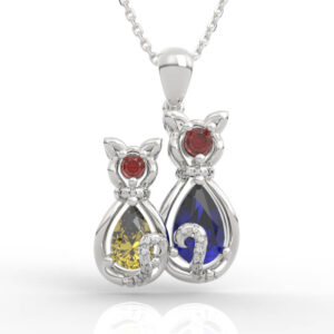 Twin cat pear pendant necklace CAD render with two cats, pear stones, and curled pavé tails